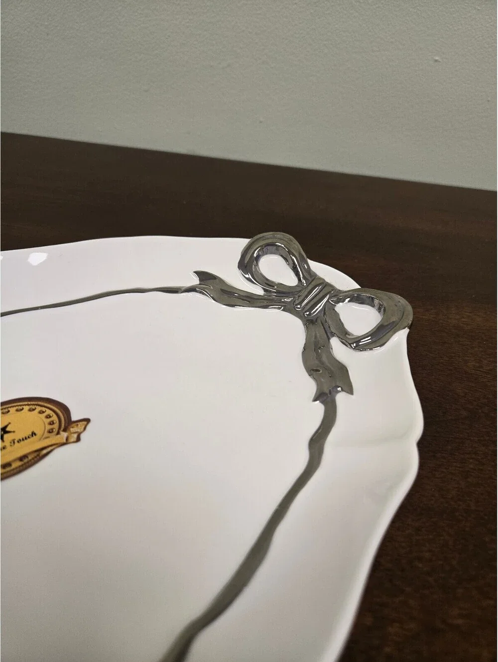 Unique Touch Golden Star White Silver Bow Porcelain Plate & Serving Platter Set
